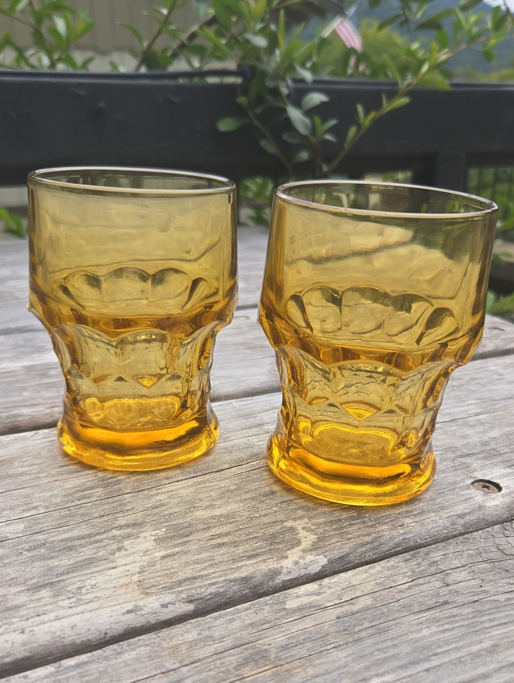 Vintage Amber Thumbprint Honeycomb Glass Tumbler - Set of 2